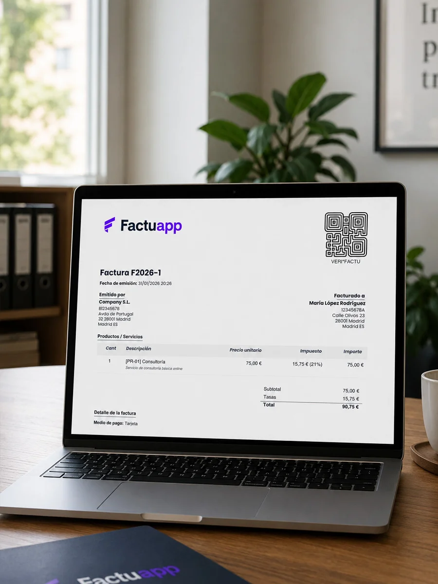 Factura emitida con Factuapp mostrando el código QR y el sello de Verifactu