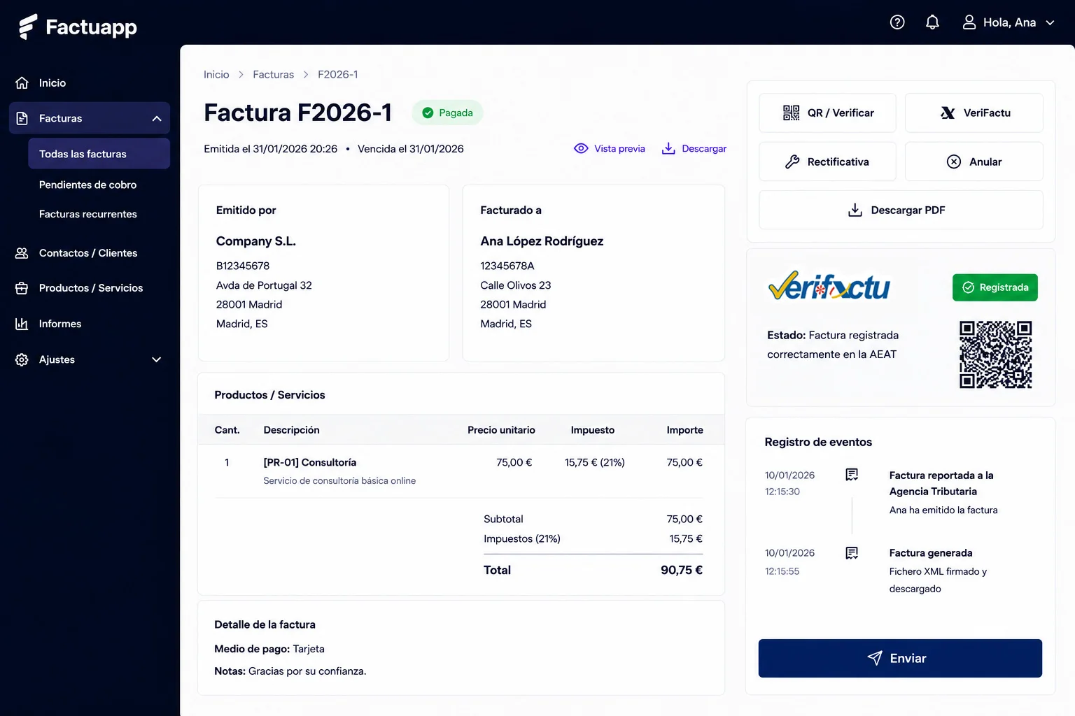 Panel de Factuapp mostrando una factura con código QR y sello Verifactu